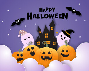 Happy Halloween illustrations with Halloween elements such as pumpkins, ghosts, witches, bats, castle, and moon