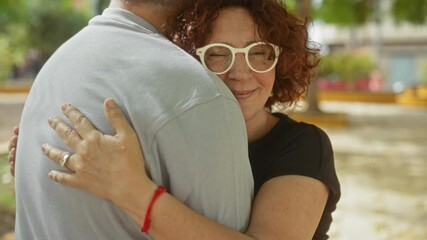 Middle-aged woman with curly hair and glasses happily embracing a man in an outdoor urban park setting