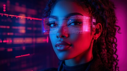 Woman Interacting with AI Interface: Human-Computer Synergy in a Cybernetic World, Cybersecurity, Digital, Virtual Reality Interface, Technology, Future, and HCI, Tech Innovation Concept Background