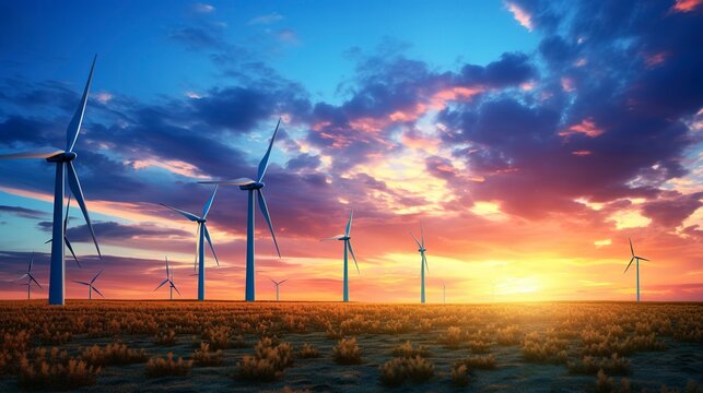 A photo of wind turbines silhouetted