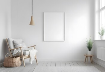 Minimalist interior with white frame hanging on white wall