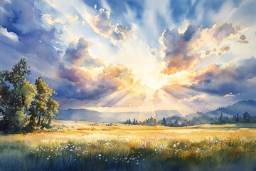 Watercolor painting of sunlight breaking through parted clouds, casting golden light over a landscape rejuvenated by spring.