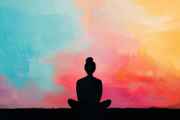 A Person Meditates On A Hilltop, Watching The Sunset. The Sky Is Painted With Vibrant Colors