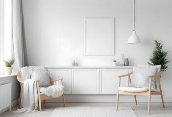Minimalist living room with two wooden chairs, white cushions, and a sideboard.