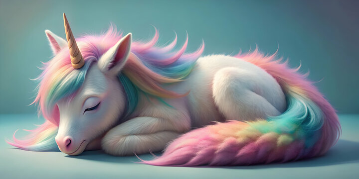 A photorealistic depiction of a sleeping fluffy unicorn with pastel colors , fantasy, dreamy, magical, unicorn, sleeping, fluffy