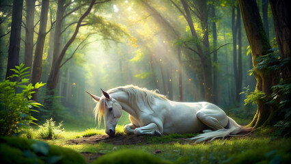 Sleeping unicorn in a magical forest setting , unicorn, sleeping, fantasy, mystical, dream, asleep, peaceful, enchanted