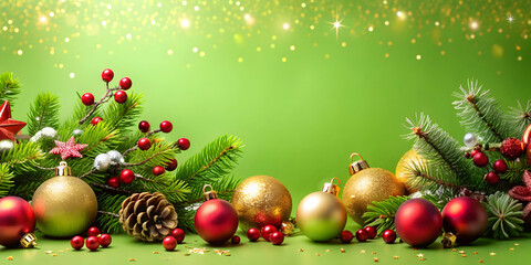 Fototapeta premium Festive Christmas decorations on lime green background, Christmas, festive, ornaments, holiday, celebration, bright