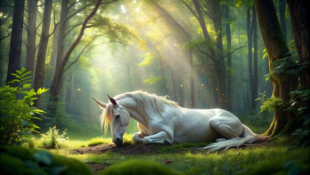 Sleeping unicorn in a magical forest setting , unicorn, sleeping, fantasy, mystical, dream, asleep, peaceful, enchanted