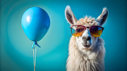 Funny llama wearing blue sunglasses with a festive balloon, perfect for party decor or invitations, llama, funny