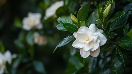Obraz premium A beautiful white gardenia flower blooming amidst lush green leaves, showcasing nature's elegance and tranquility in a serene setting.