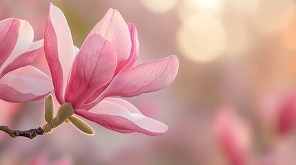 Obraz premium A delicate pink magnolia flower blooms beautifully, showcasing its soft petals against a gentle background blur.