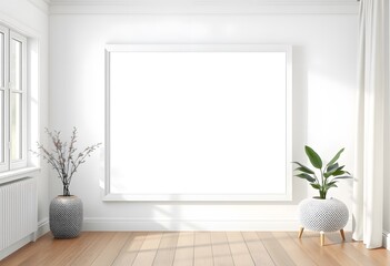 A minimalist interior with a large blank white canvas on the wall, flanked by two potted plants on a wooden floor.