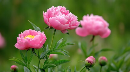 Obraz premium Beautiful pink peony flowers blooming in a lush green garden, showcasing vibrant colors and delicate petals.