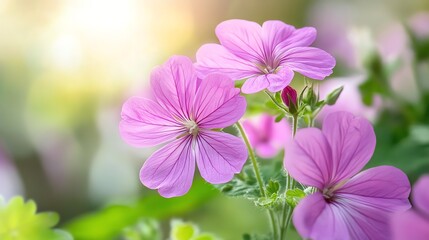 Fototapeta premium Delicate pink flower blooms in a vibrant garden, reflecting the beauty of nature in soft sunlight.