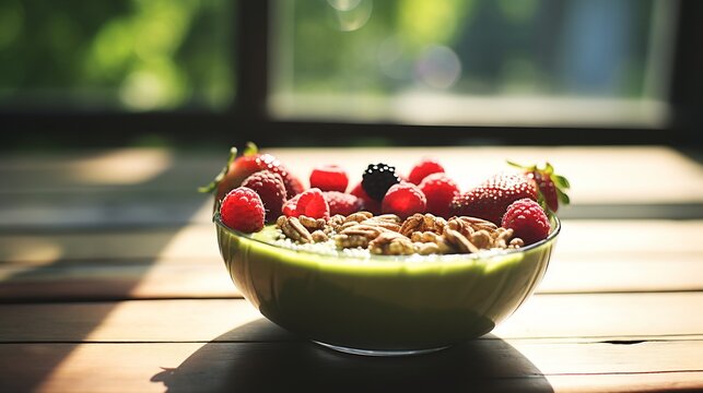Creamy avocado smoothie bowl topped granola fresh berry chia seed served sunlit rooftop caf yoga mat detox smoothy softly blurred behind promoting fresh nutritious breakfast Scientific name Persea
