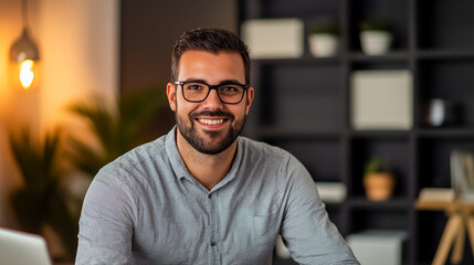 Obraz premium Customer service professional in a relaxed pose, looking directly at the camera with a welcoming smile, positioned in a neat workspace with warm lighting, approachable and confident atmosphere
