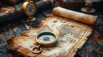 Discovering Treasure: Pirate Ship, Map, and Compass on Wooden Table Background
