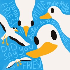 Obraz premium Whimsical illustration of quirky seagulls in various angles, featuring humorous 