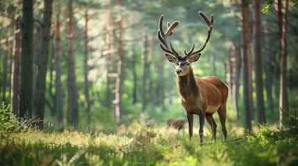 Wild deer in a dense forest.