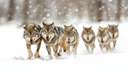 Wolf pack running through the snow.