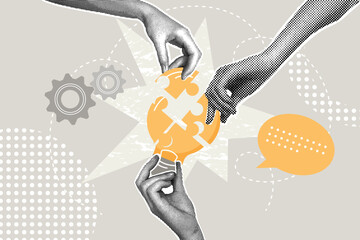 Modern halftone collage. Teamwork concept,collaborative idea development,employee participation concept,interaction to get a solution. Business creative illustration for web banner,marketing material