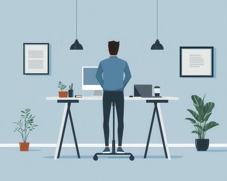 Standing desk exercises, productivity boost, flat design illustration