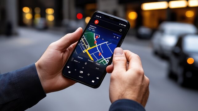 Navigating the City: A close-up shot of a man's hands holding a smartphone with a GPS navigation app open, showcasing a vibrant map against a busy city backdrop.