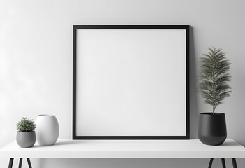 Minimalist interior with a blank picture frame, potted plants, and vases on a white table against a gray wall.