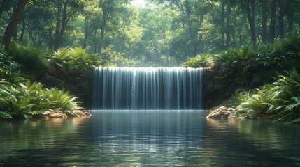 Serene waterfall cascading into a tranquil forest pool.