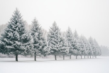 Fototapeta premium Snow-Covered Trees in a Winter Wonderland Park with White Sky and Pine Landscape