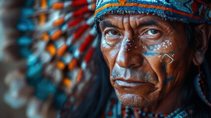 Obraz premium Apache Indian Shaman Celebrates Indigenous Heritage on Columbus Day with Portrait of Native American Man and Discovery of America Concept