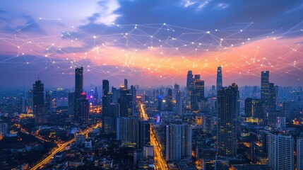 Fototapeta premium City Skyline with Digital Connections at Dusk