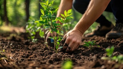Planting Seedlings in Lush Green Forest Environment