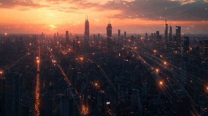 Fototapeta premium Urban Sunset with Light Trails Over Cityscape