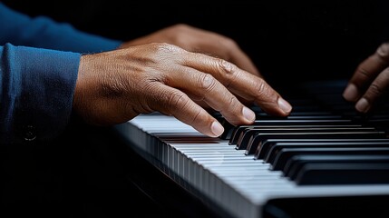 Fototapeta premium Mastering the Melody: Close-up of a pianist's hands gracefully navigating the ivory keys, showcasing the artistry and passion of music. 