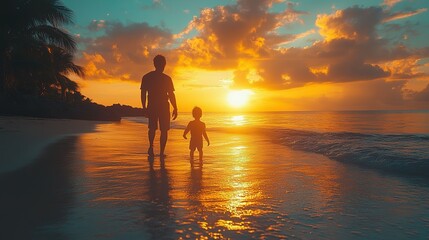 Fototapeta premium Silhouette of a Father and Son on a Beach at Sunset