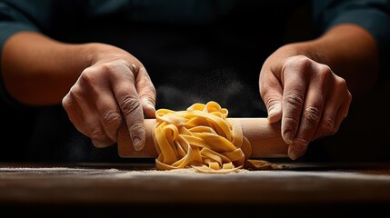 Homemade Pasta Perfection: A close-up view of a chef's hands expertly rolling out fresh pasta dough, creating delicate strands that evoke the warmth and artistry of Italian cuisine.  