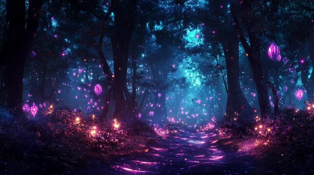 A magical fantasy forest illuminated by glowing elements, creating an enchanting night scene filled with vibrant colors and mystical Seamless looping 4k time-lapse virtual video animation Generated AI