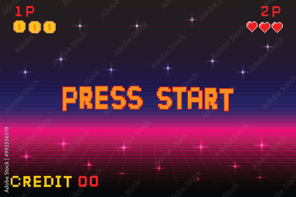 Leinwandbilder prees start. Pixel art background.8 bit game. retro game. for game assets in vector illustrations. Retro Futurism Sci-Fi Background. glowing neon grid. and stars from vintagsynwap table1 start new gam