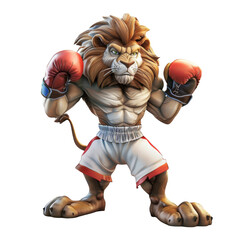 Fototapeta premium A fierce lion wearing red boxing gloves and white shorts stands in a fighting pose.