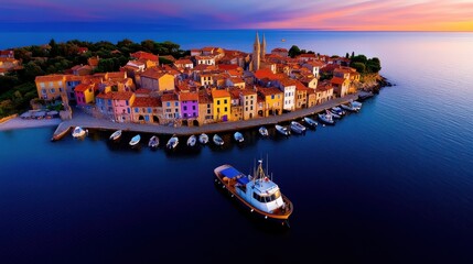 Obraz premium Coastal Town at Sunset: A picturesque coastal town bathed in the warm glow of a setting sun, showcasing a charming harbor with boats bobbing gently on the water.