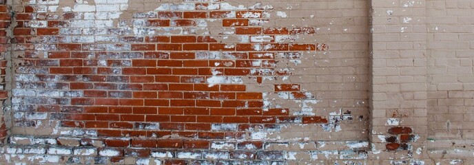 wide red brick peeling paint grunge background wall © mailcaroline