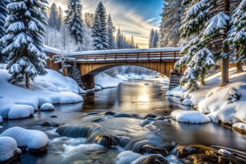 Wooden bridge over snow-covered river in winter forest