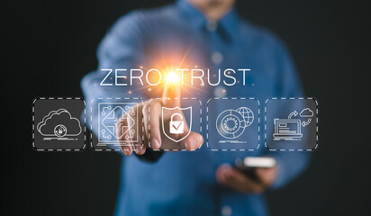 Zero Trust Security Concept. A person touching virtual zero trust security icons, cloud protection, business information network security, shields, connectivity, cybersecurity measures, cybercrime,