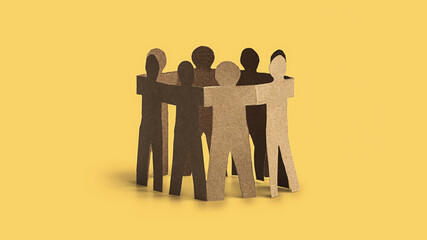 Cooperation in society. Teamwork unity. Solidarity and collaboration. Social participation. Paper dolls holding hands together on yellow background.