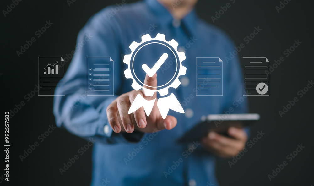 Poster quality control and quality guarantee process concept, person touching certificate icon on virtual s