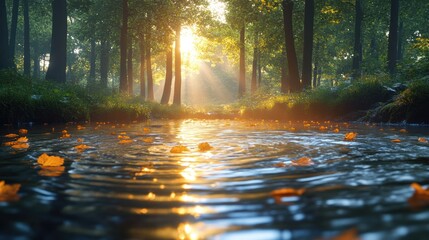 Serene forest scene with sunlight filtering through trees and water.