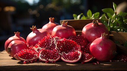 Display of whole and halved pomegranates at a farmers market with a rich rustic background that highlights the vibrant color and texture of the fruit Scientific name Punica granatum