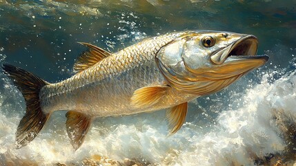 Obraz premium A Large Fish Leaps from the Water, Its Mouth Open Wide