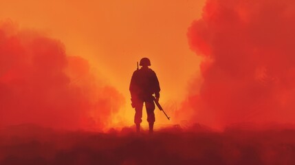 Solitary Warrior, a haunting portrayal of a soldier amidst the remnants of a battlefield, reflecting on sacrifice and solitude in a poignant digital illustration.